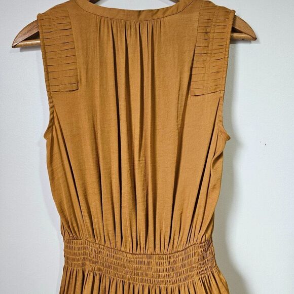 EUC SIMPLY VERY VERAWANG SPLIT V NECK MUSTARD SATINY TIERED MIDI DRESS SZ SMALL - Picture 12 of 16